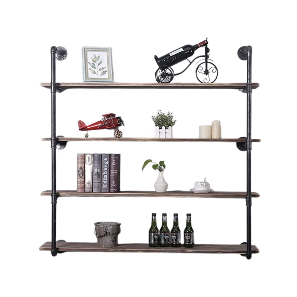 Pipe Shelves - [4 Tier - 48in] - 100% Natural Solid Wood - Industrial Pipe Shelving, Industrial Floating Shelves