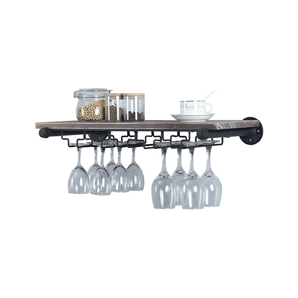 Pipe Shelves - [1 Tier - 24in] - 100% Natural Solid Wood - Industrial Wine Rack Wall Mounted