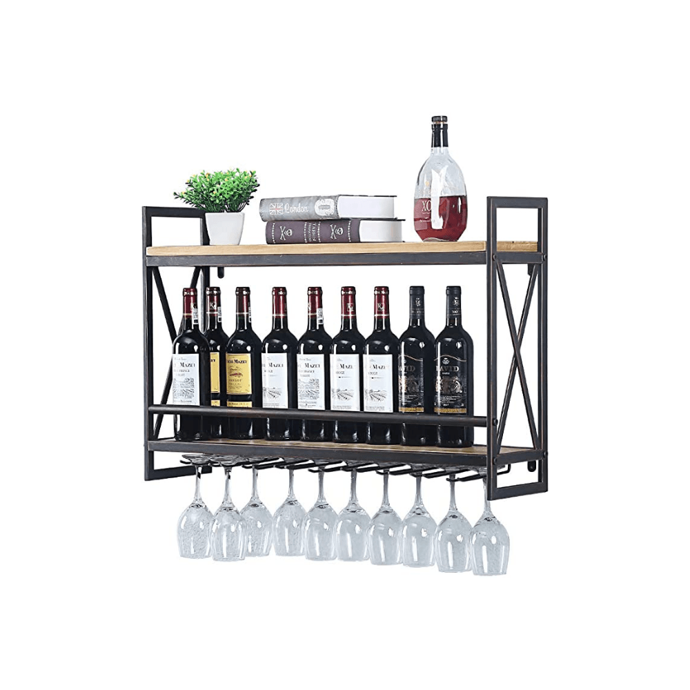 Pipe Shelves - [2 Tier - 31.5in - Brush Bronze] - 100% Natural Solid Wood - Industrial Wine Rack Wall Mounted