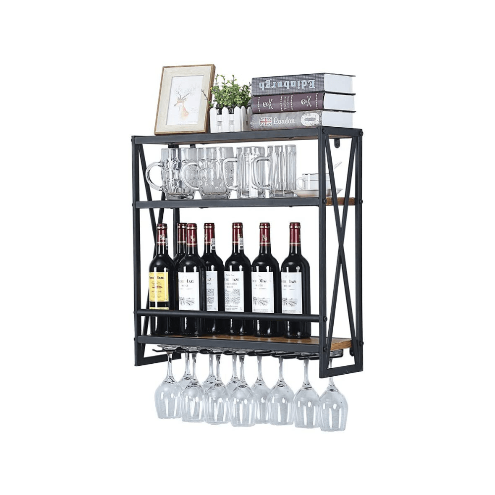 Pipe Shelves - [3 Tier - 23.6in - Black] - 100% Natural Solid Wood - Industrial Wine Rack Wall Mounted, Wall Wine Rack