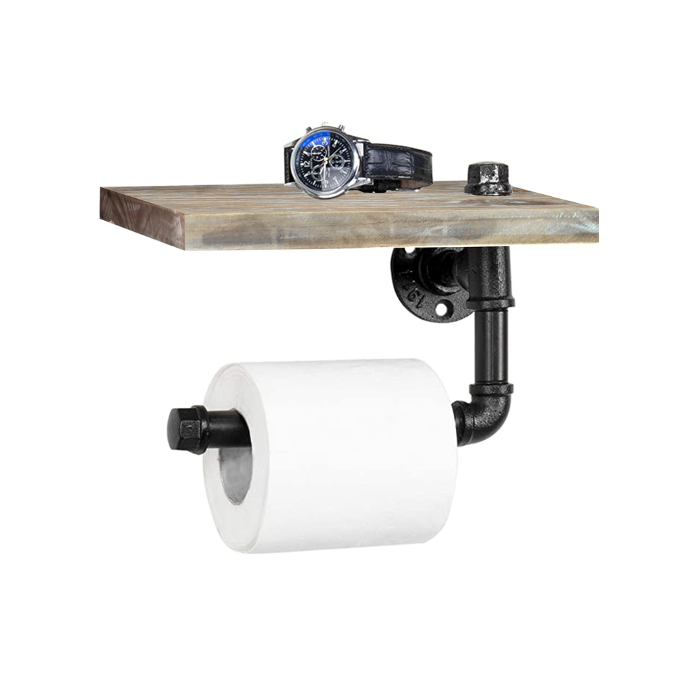 Pipe Toilet Paper Hanger - [9.8 in - Rustic Brown] Industrial Toilet Paper Holder with Shelf,  Wall Mount Toilet Paper Holder