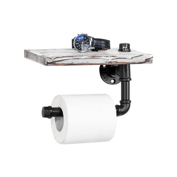 Pipe Toilet Paper Hanger - [9.8 in - Rustic White] Industrial Toilet Paper Holder with Shelf, Wall Mount Toilet Paper Holder
