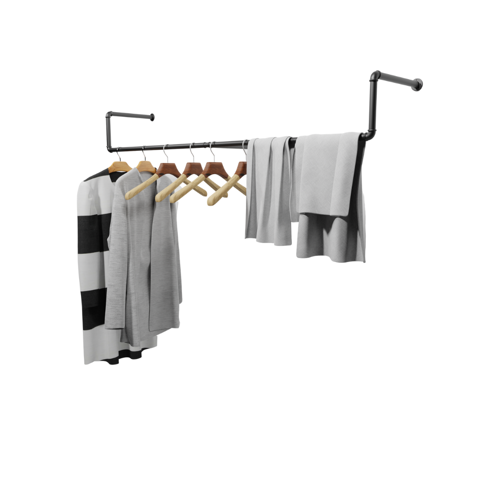 Pipe Clothing Rack - [59in - Black] Industrial Pipe Clothing Rack, Wall Mounted Clothes Rack