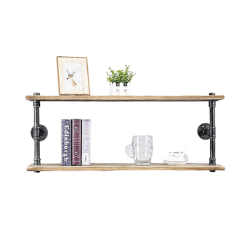 Pipe Shelves - [2 Tier - 36in - Style 2] - 100% Natural Solid Wood - Industrial Pipe Shelving, Industrial Floating Shelves