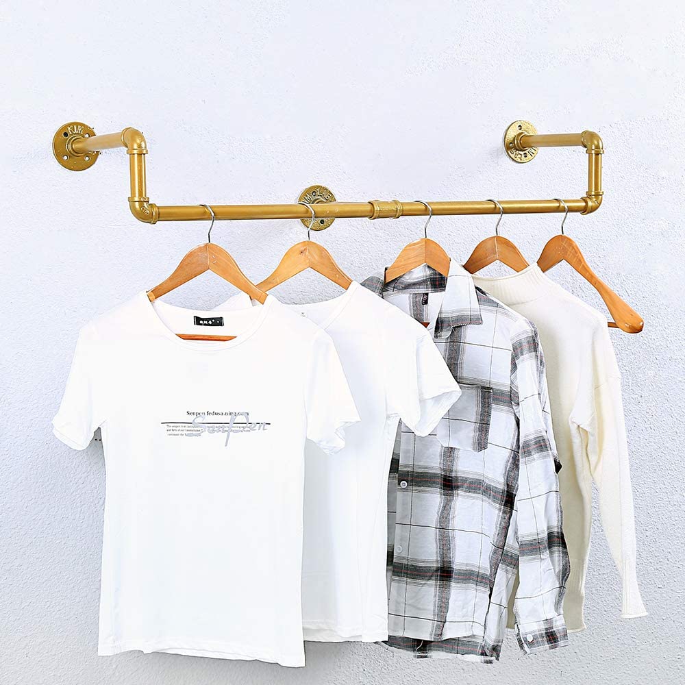 Pipe Clothing Rack - [59in - Gold] Industrial Pipe Clothing Rack, Wall Mounted Clothes Rack