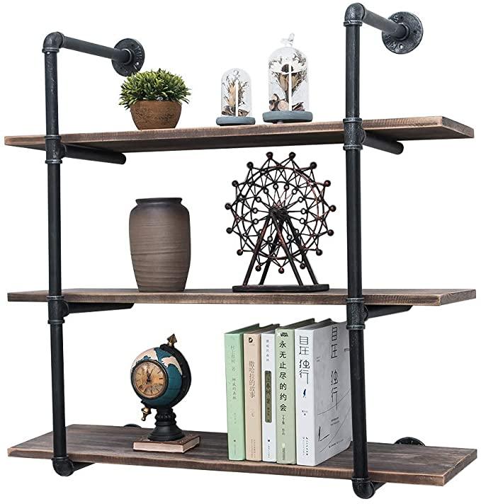 Pipe Shelves - [3 Tier - 36in] - 100% Natural Solid Wood -  Industrial Pipe Shelving, Industrial Floating Shelves