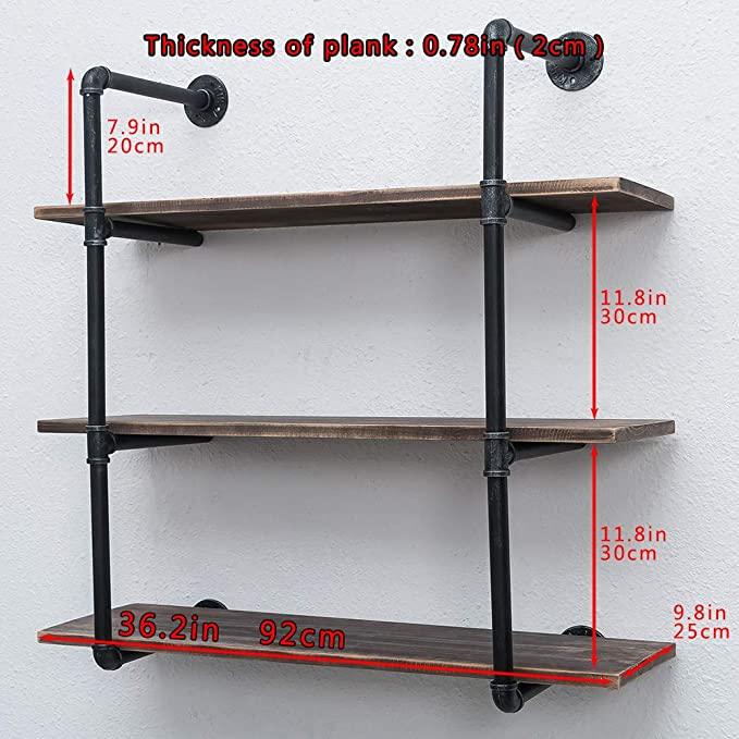 Pipe Shelves - [3 Tier - 36in] - 100% Natural Solid Wood -  Industrial Pipe Shelving, Industrial Floating Shelves