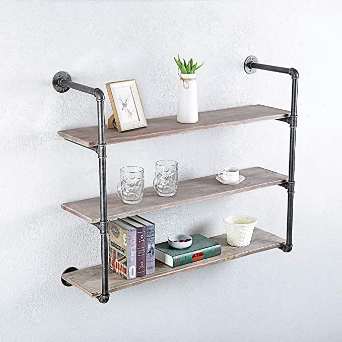 Pipe Shelves - [3 Tier - 42in] - 100% Natural Solid Wood - Industrial Pipe Shelving, Industrial Floating Shelves
