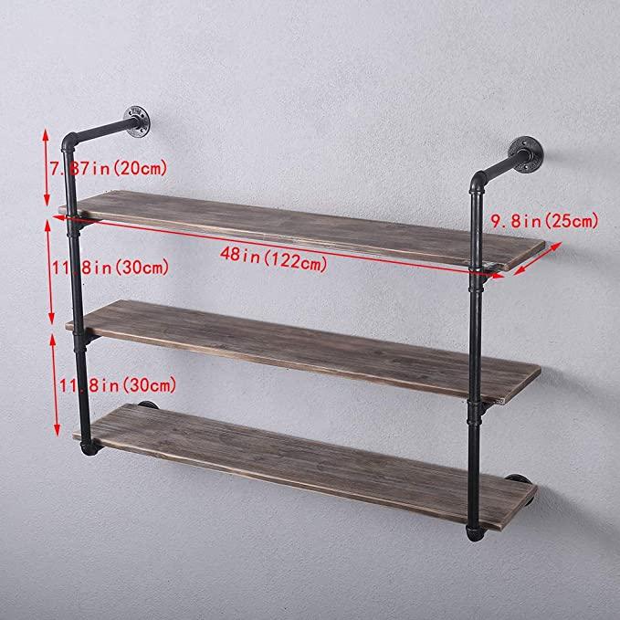 Pipe Shelves - [3 Tier - 48in] - 100% Natural Solid Wood - Industrial Pipe Shelving, Industrial Floating Shelves