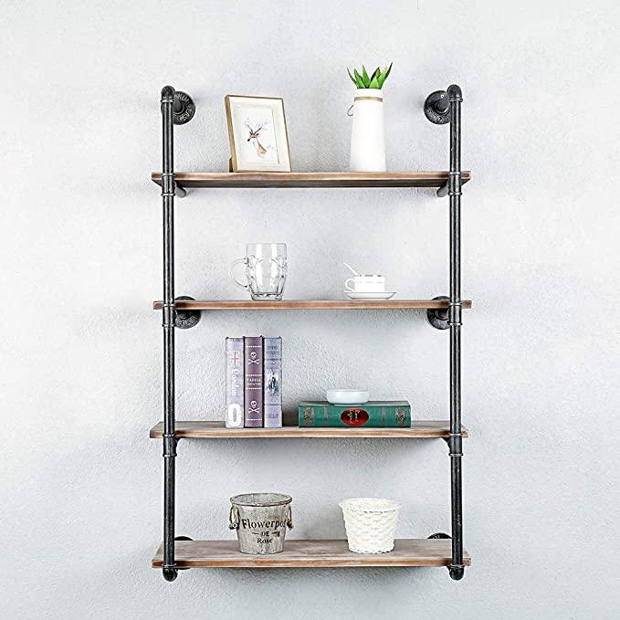 Pipe Shelves - [4 Tier - 30in] - 100% Natural Solid Wood - Industrial Pipe Shelving, Industrial Floating Shelves