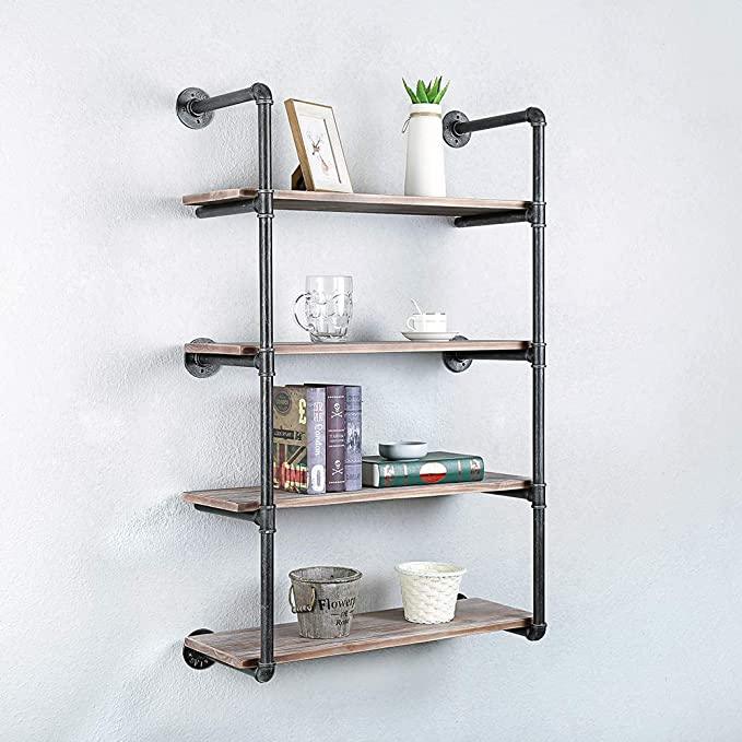 Pipe Shelves - [4 Tier - 30in] - 100% Natural Solid Wood - Industrial Pipe Shelving, Industrial Floating Shelves