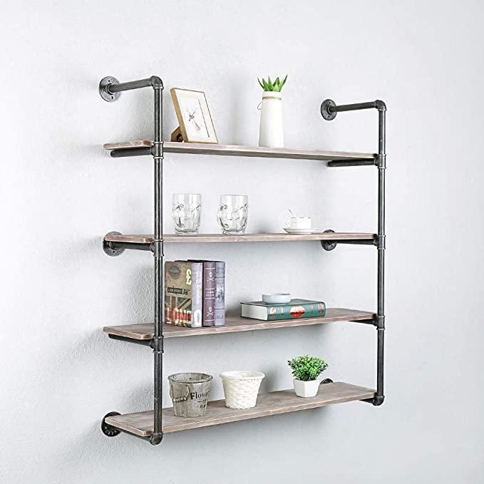 Pipe Shelves - [4 Tier - 42in] - 100% Natural Solid Wood - Industrial Pipe Shelving, Industrial Floating Shelves
