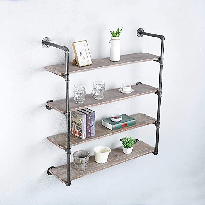Pipe Shelves - [4 Tier - 42in] - 100% Natural Solid Wood - Industrial Pipe Shelving, Industrial Floating Shelves
