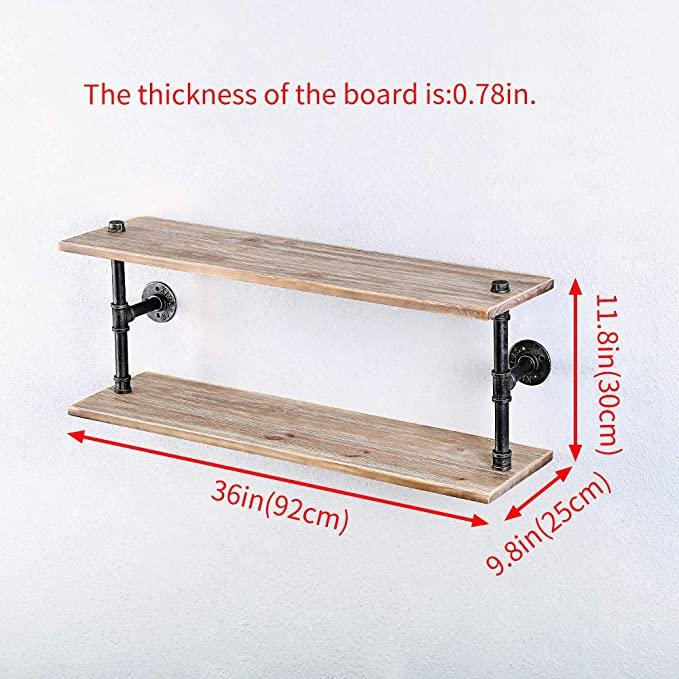 Pipe Shelves - [2 Tier - 36in - Style 2] - 100% Natural Solid Wood - Industrial Pipe Shelving, Industrial Floating Shelves