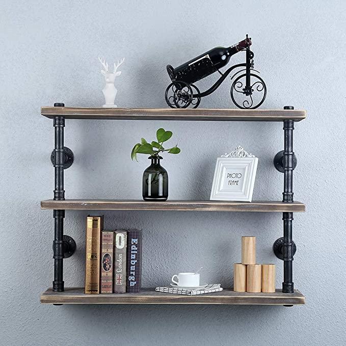 Pipe Shelves - [3 Tier - 36in - Style 2] - 100% Natural Solid Wood - Industrial Pipe Shelving, Industrial Floating Shelves