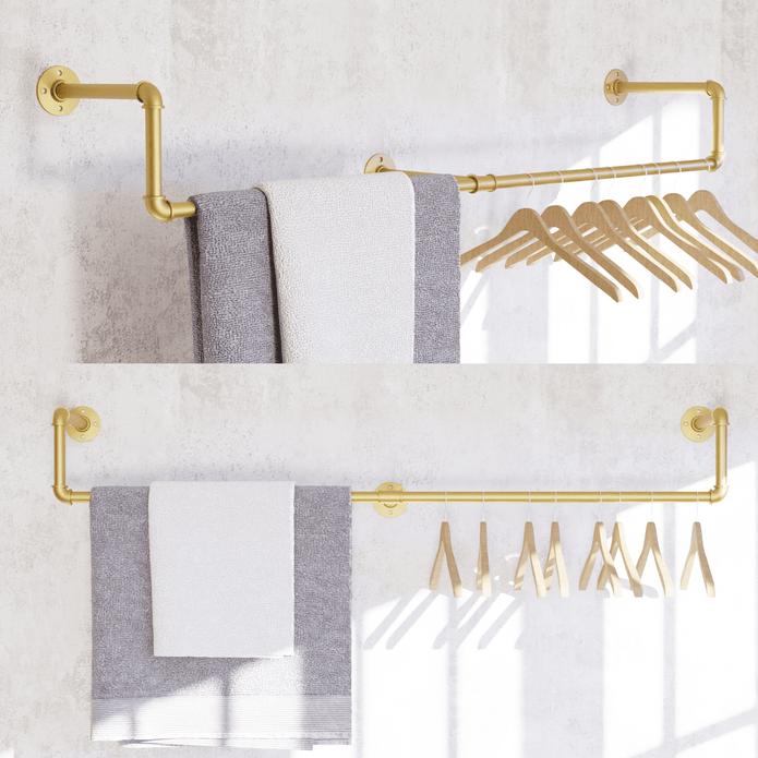 Pipe Clothing Rack - [59in - Gold] Industrial Pipe Clothing Rack, Wall Mounted Clothes Rack