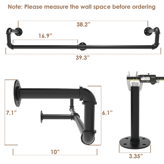 Pipe Clothing Rack - [39in - Black] Industrial Pipe Clothing Rack, Wall Mounted Clothes Rack