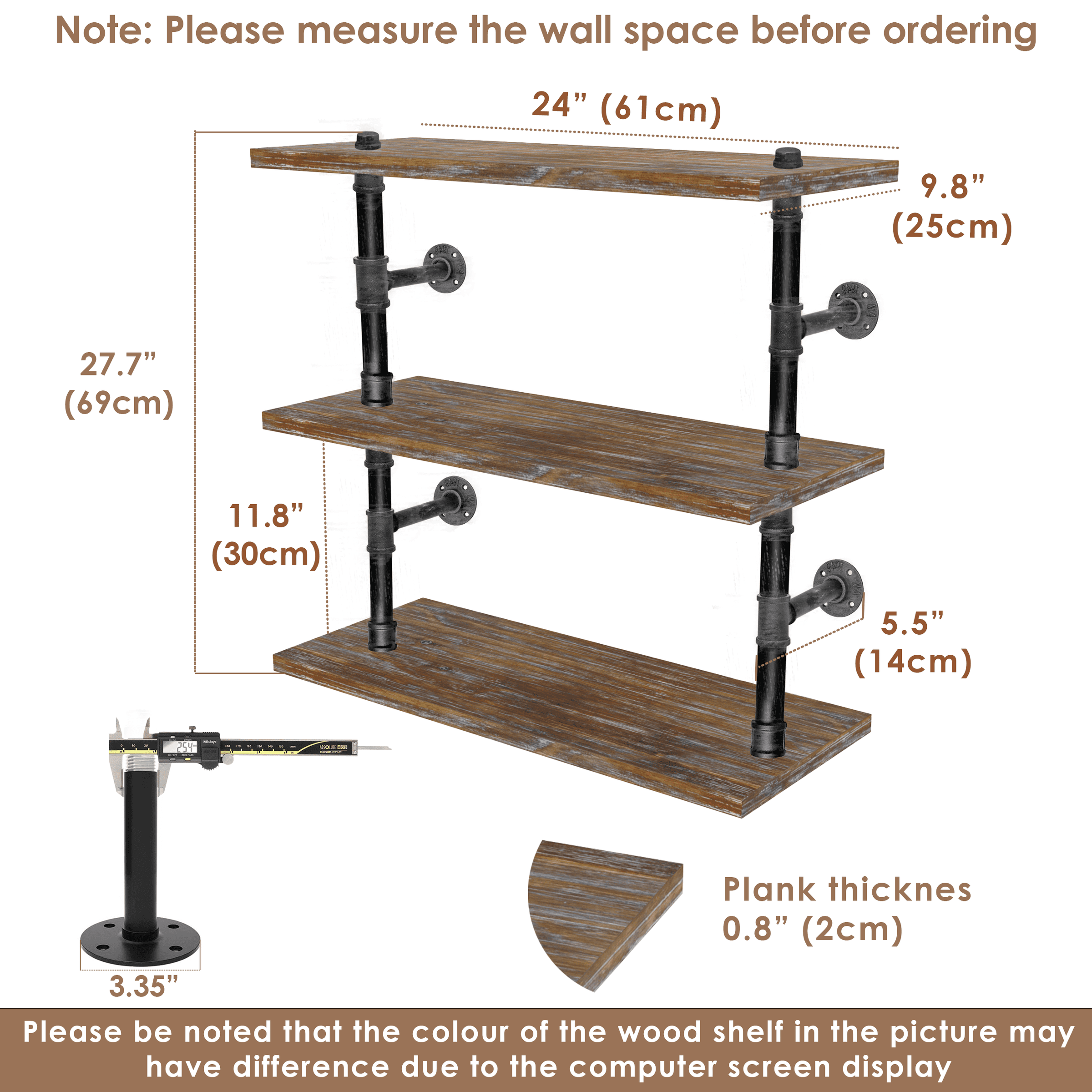 Pipe Shelves - [3 Tier - 24in - Style 2] - 100% Natural Solid Wood -Industrial Pipe Shelving, Industrial Floating Shelves