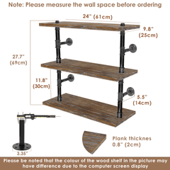 Pipe Shelves - [3 Tier - 24in - Style 2] - 100% Natural Solid Wood -Industrial Pipe Shelving, Industrial Floating Shelves