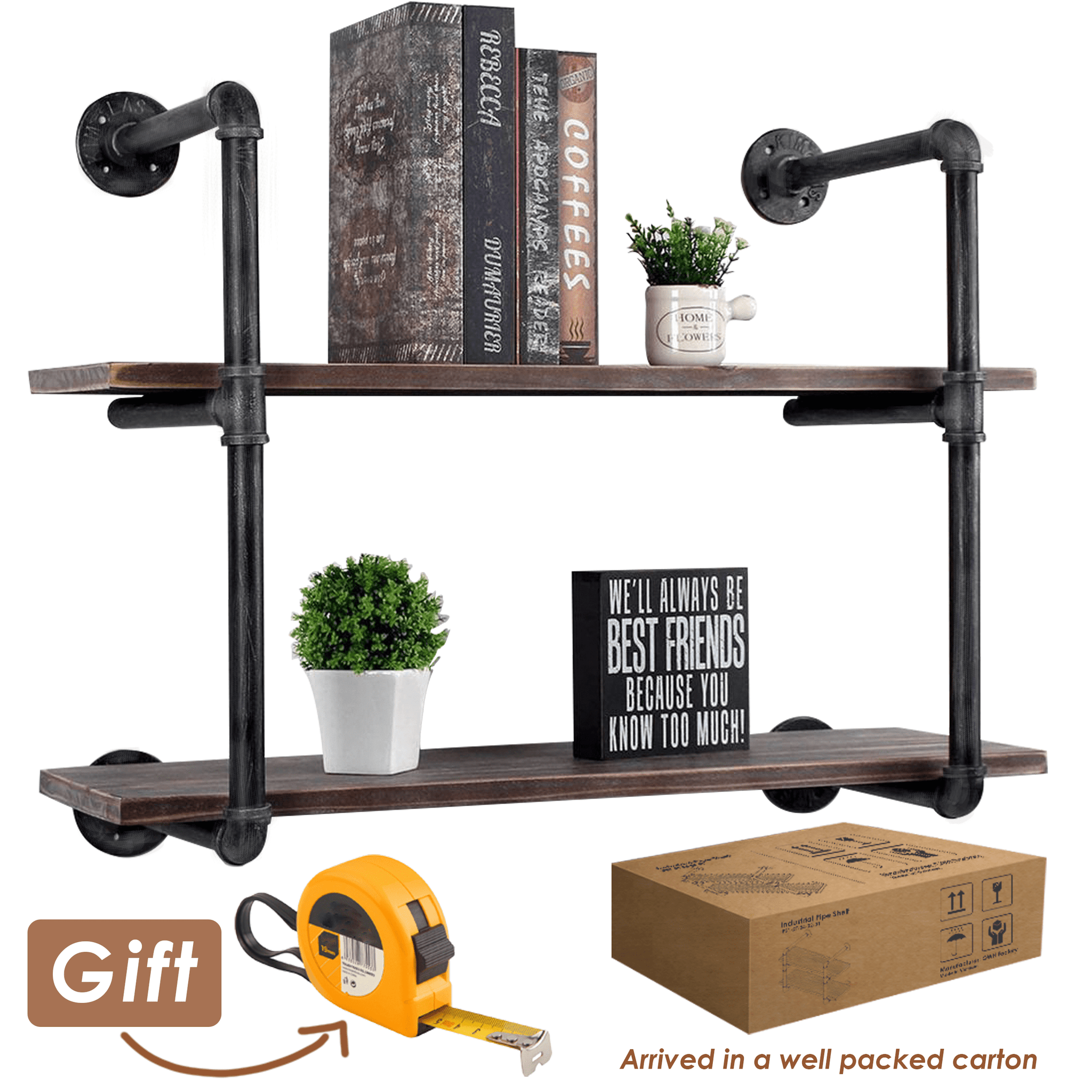 Pipe Shelves - [2 Tier - 30in] - 100% Natural Solid Wood - Industrial Pipe Shelving, Industrial Floating Shelves