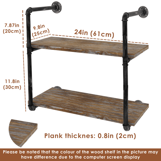 Pipe Shelves - [2 Tier - 24in] - 100% Natural Solid Wood - Industrial Pipe Shelving, Industrial Floating Shelves