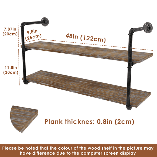 Pipe Shelves - [2 Tier - 48in] - 100% Natural Solid Wood -  Industrial Pipe Shelving, Industrial Floating Shelves