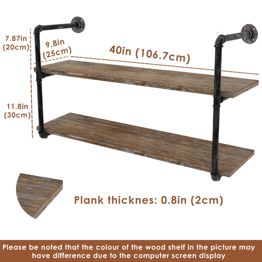 Pipe Shelves - [2 Tier - 42in] - 100% Natural Solid Wood - Industrial Pipe Shelving, Industrial Floating Shelves