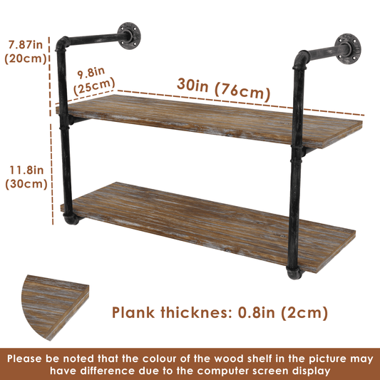 Pipe Shelves - [2 Tier - 30in] - 100% Natural Solid Wood - Industrial Pipe Shelving, Industrial Floating Shelves