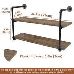 Pipe Shelves - [2 Tier - 36in] - 100% Natural Solid Wood - Industrial Pipe Shelving, Industrial Floating Shelves