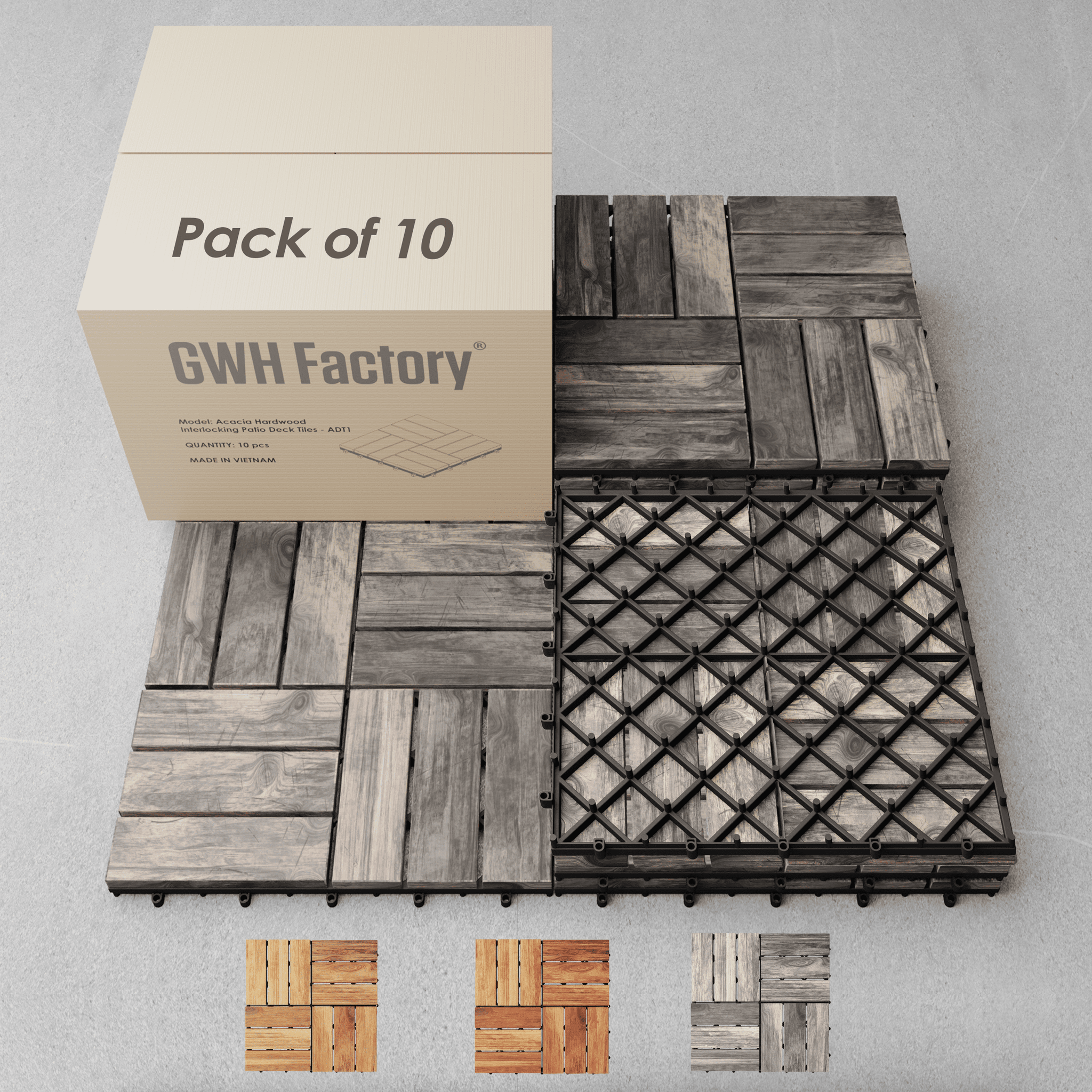 Set of 10 - [Each 12x12in - Grey - ADT1] Interlocking Deck Tiles, 100% Acacia Deck Tiles