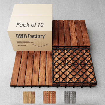 Set of 10 - [Each 12x12in - Brick Red - ADT2] Interlocking Deck Tiles, 100% Acacia Deck Tiles