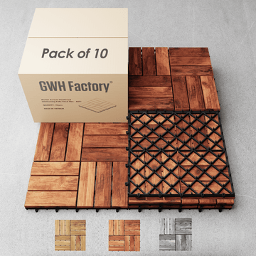 Set of 10 - [Each 12x12in - Brick Red - ADT1] Interlocking Deck Tiles, 100% Acacia Deck Tiles
