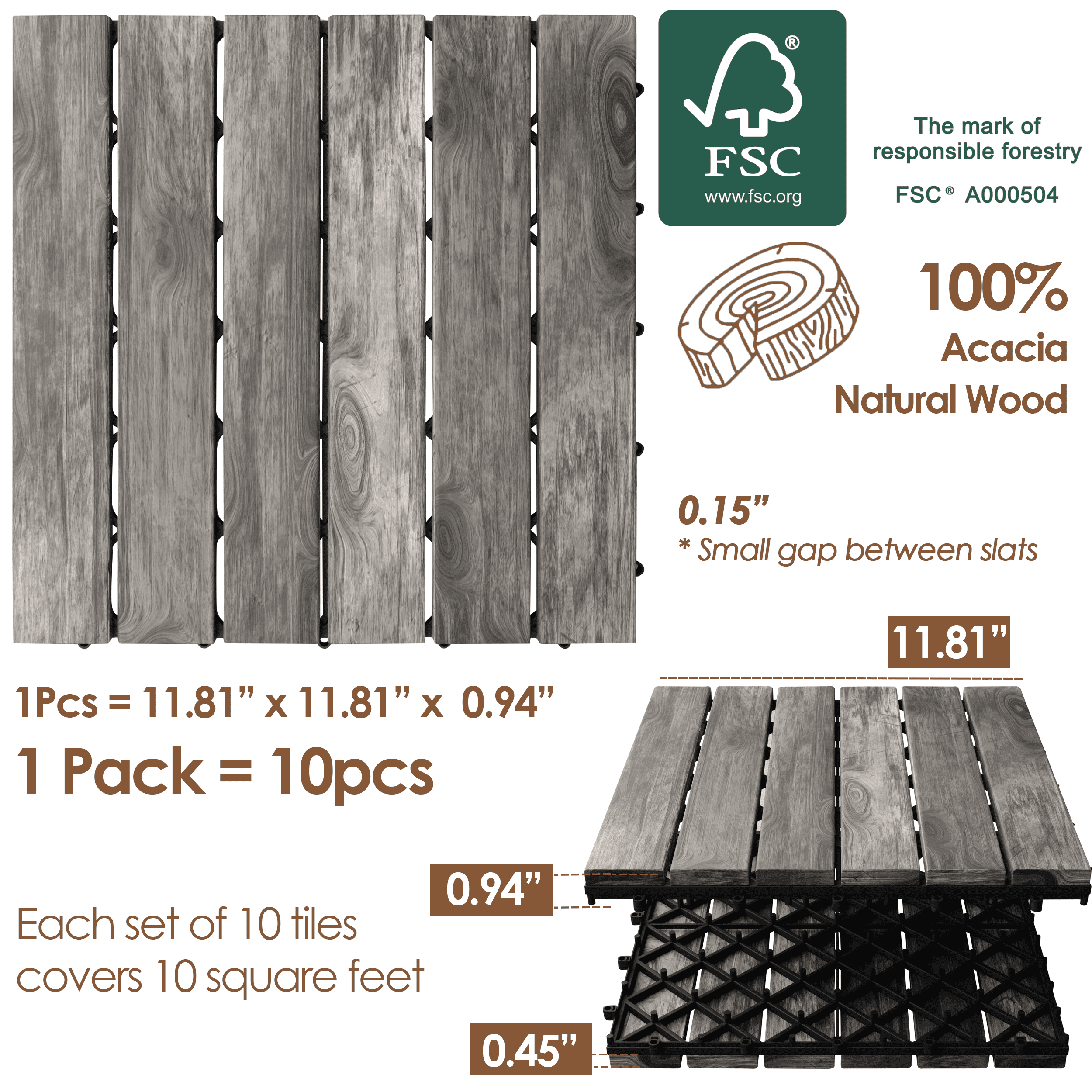 Set of 10 - [Each 12x12in - Grey - ADT2] Interlocking Deck Tiles, 100% Acacia Deck Tiles