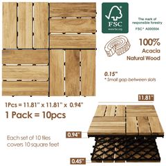 Set of 10 - [Each 12x12in - Nature Wood - ADT1] Interlocking Deck Tiles, 100% Acacia Deck Tiles