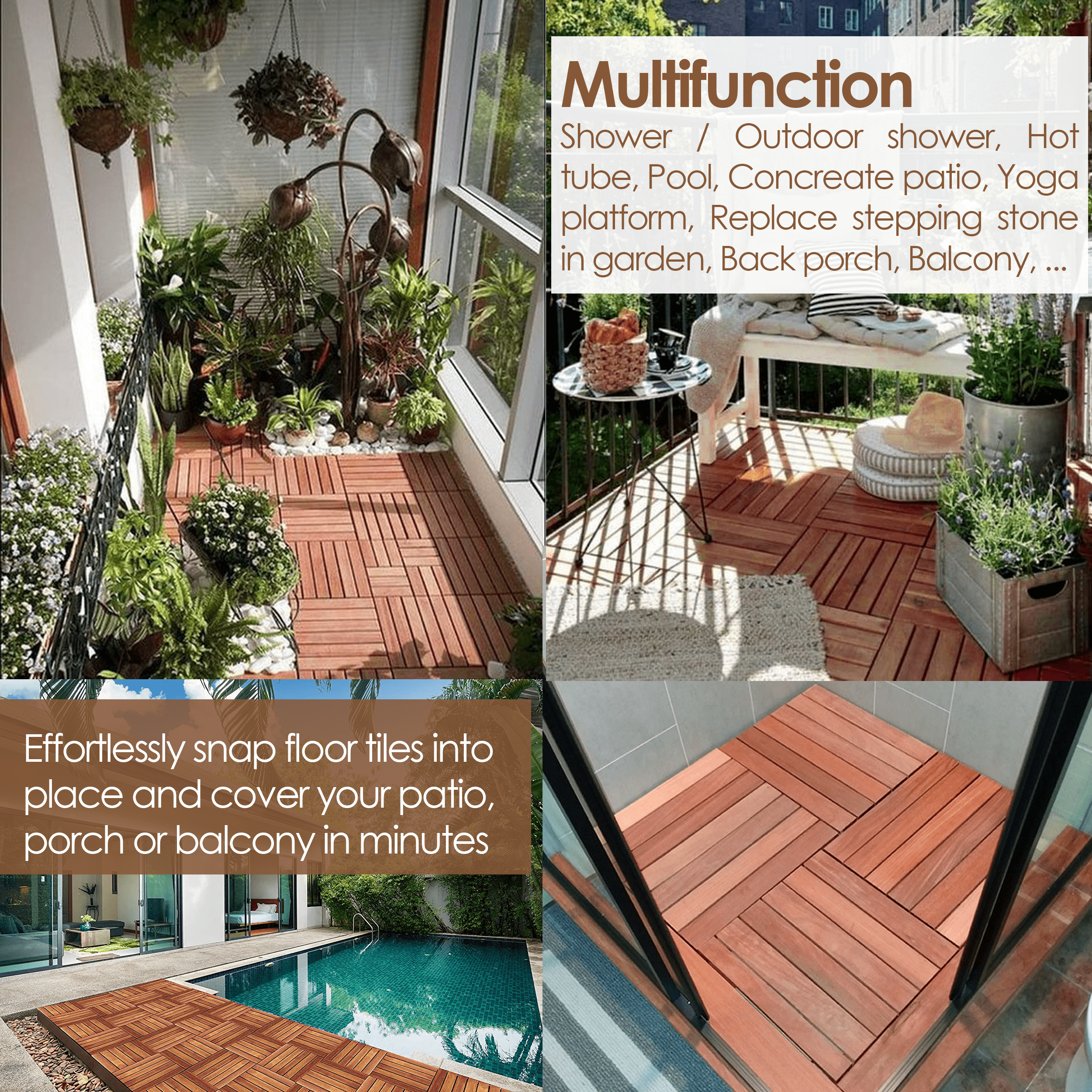 Set of 10 - [Each 12x12in - Nature Wood - ADT2] Interlocking Deck Tiles, 100% Acacia Deck Tiles