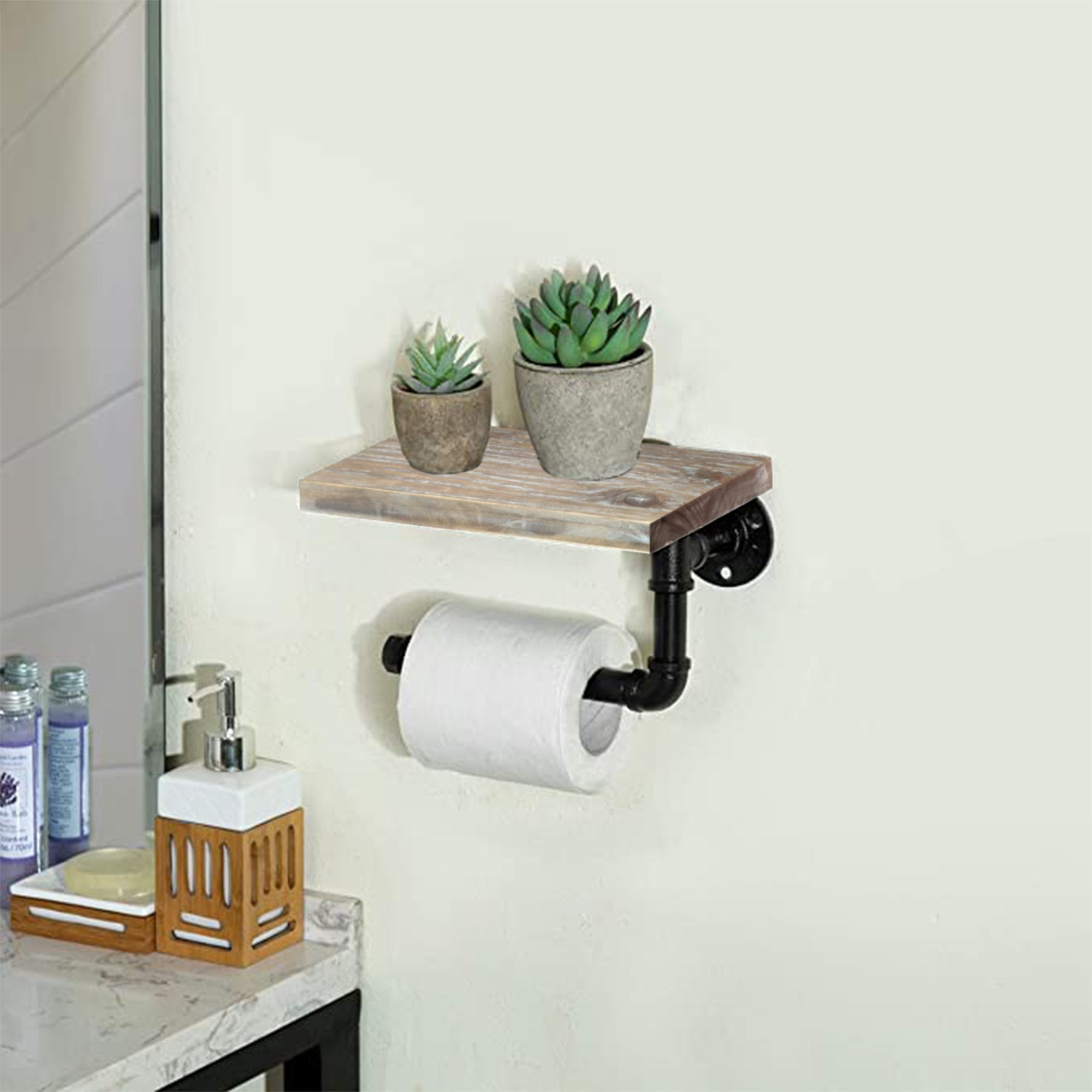 Pipe Toilet Paper Hanger - [9.8 in - Rustic Brown] Industrial Toilet Paper Holder with Shelf,  Wall Mount Toilet Paper Holder
