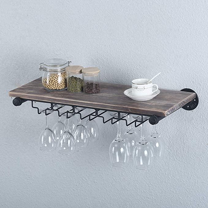 Pipe Shelves - [1 Tier - 24in] - 100% Natural Solid Wood - Industrial Wine Rack Wall Mounted