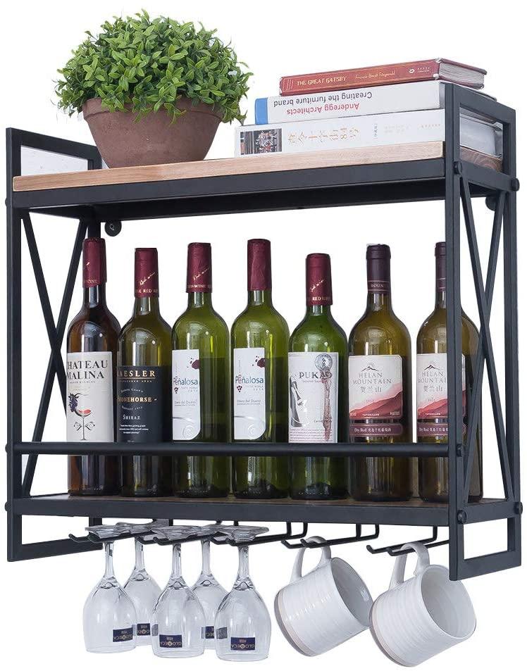 Pipe Shelves - [2 Tier - 23.6in - Black] - 100% Natural Solid Wood - Industrial Wine Rack Wall Mounted