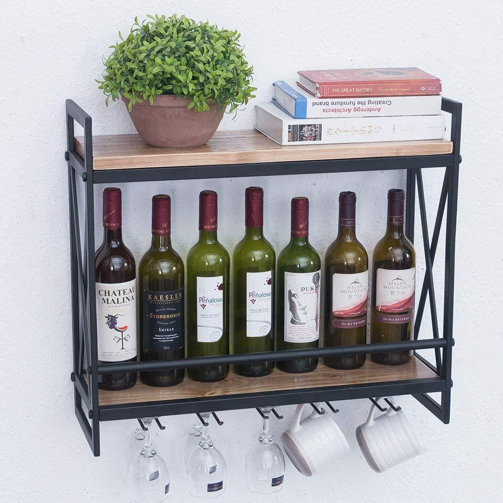 Pipe Shelves - [2 Tier - 23.6in - Black] - 100% Natural Solid Wood - Industrial Wine Rack Wall Mounted