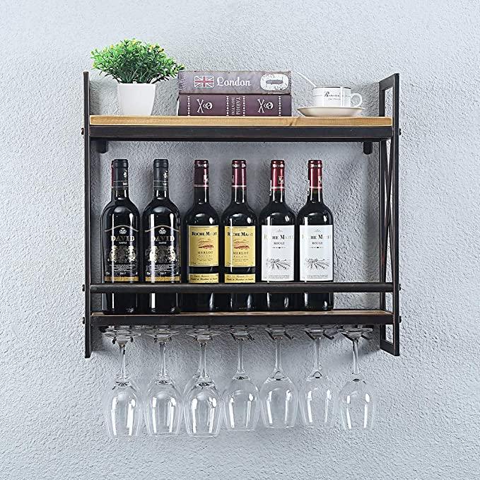 Pipe Shelves - [2 Tier - 23.6in - Brush Bronze] - 100% Natural Solid Wood - Industrial Wine Rack Wall Mounted