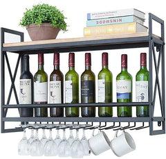 Pipe Shelves - [2 Tier - 31.5in - Black] - 100% Natural Solid Wood - Industrial Wine Rack Wall Mounted