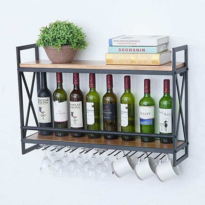Pipe Shelves - [2 Tier - 31.5in - Black] - 100% Natural Solid Wood - Industrial Wine Rack Wall Mounted