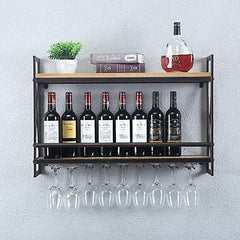 Pipe Shelves - [2 Tier - 31.5in - Brush Bronze] - 100% Natural Solid Wood - Industrial Wine Rack Wall Mounted