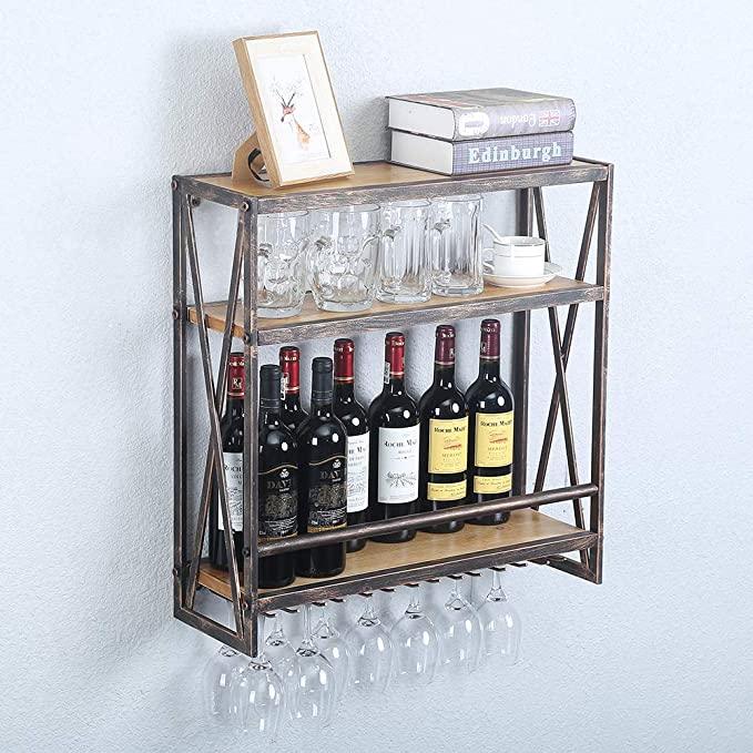 Pipe Shelves - [3 Tier - 23.6in - Black Brush Red Coper] - 100% Natural Solid Wood - Industrial Wine Rack Wall Mounted