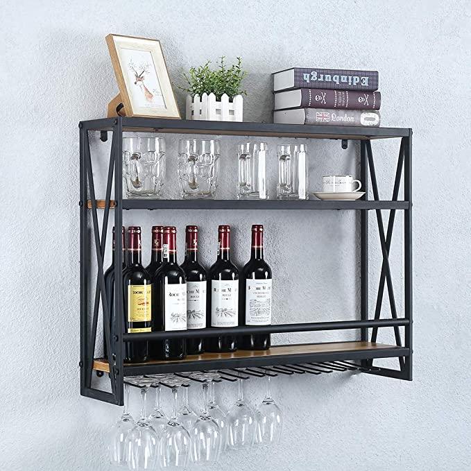 Pipe Shelves - [3 Tier - 31.5in - Black] - 100% Natural Solid Wood - Industrial Wine Rack Wall Mounted, Wall Wine Rack